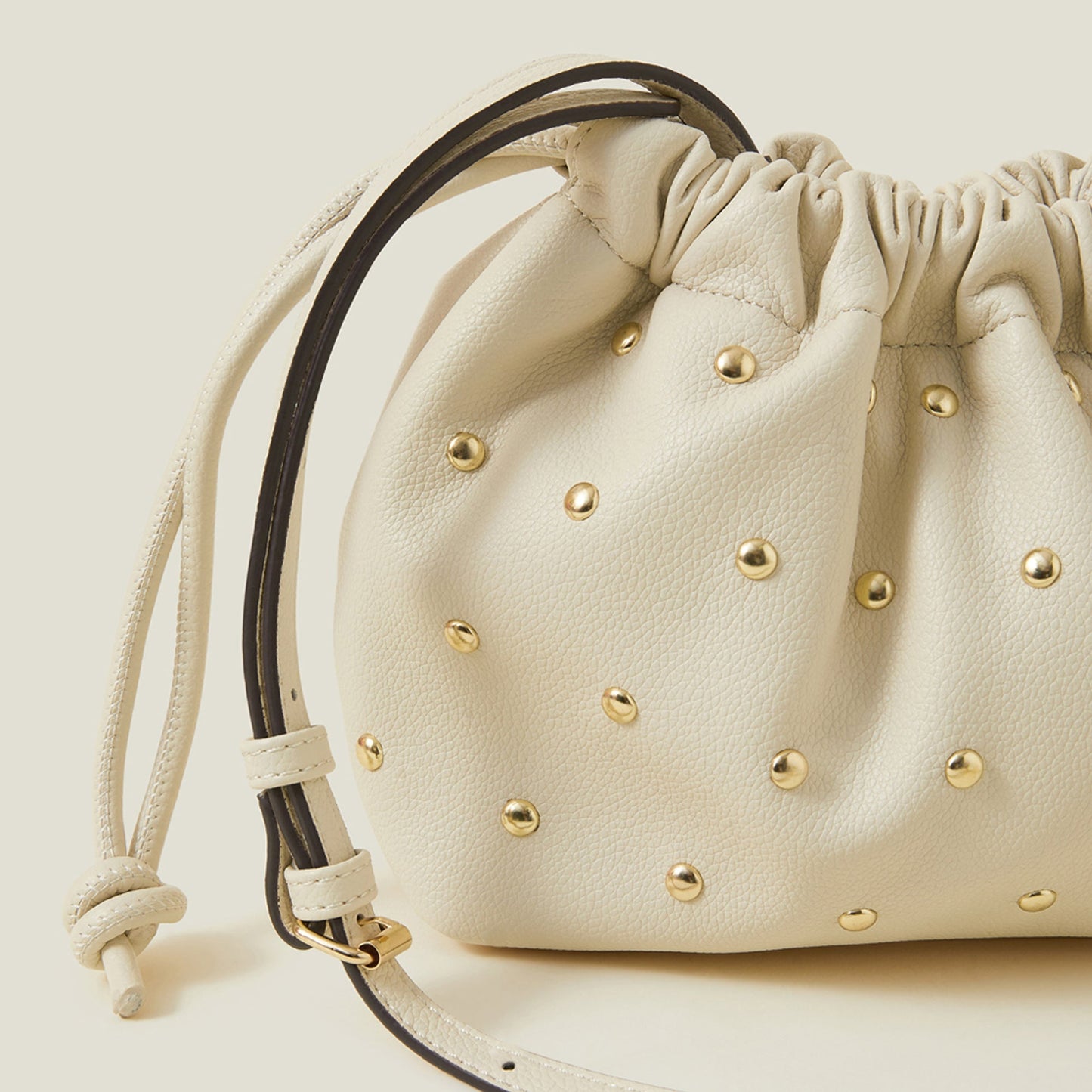 Cream Studded Drawstring Pouch Bag