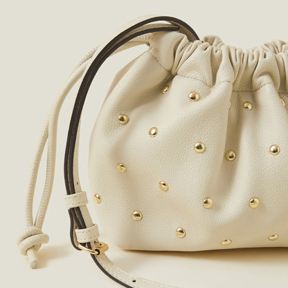 Cream Studded Drawstring Pouch Bag