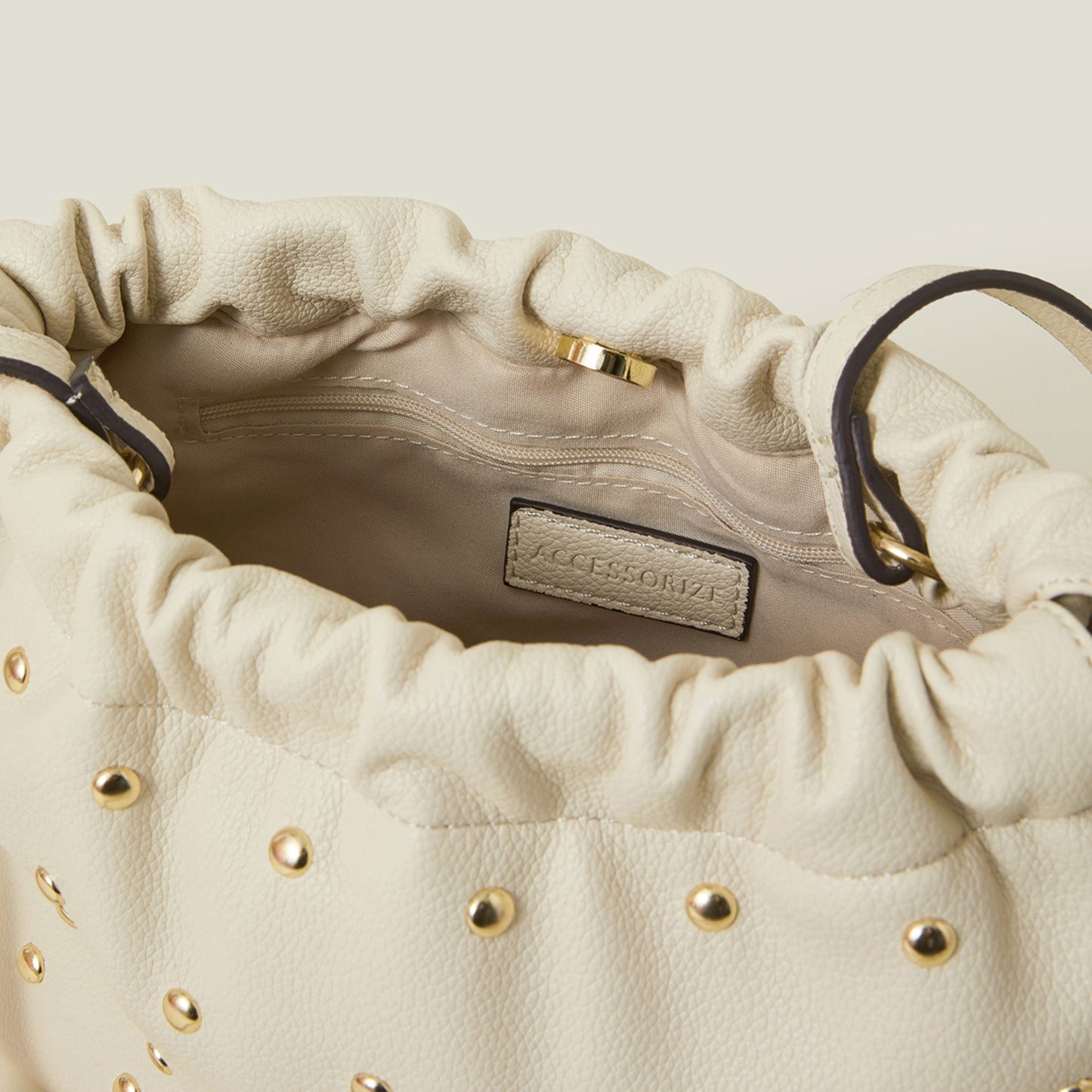 Cream Studded Drawstring Pouch Bag