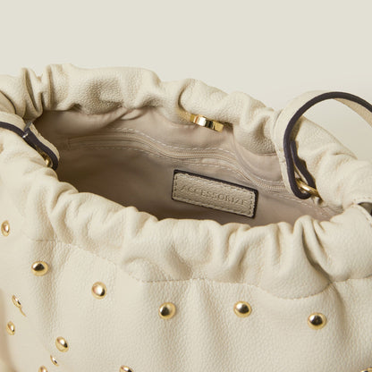 Cream Studded Drawstring Pouch Bag