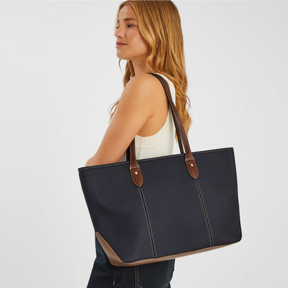 Navy Blue Colourblock Zip Top Tote Bag