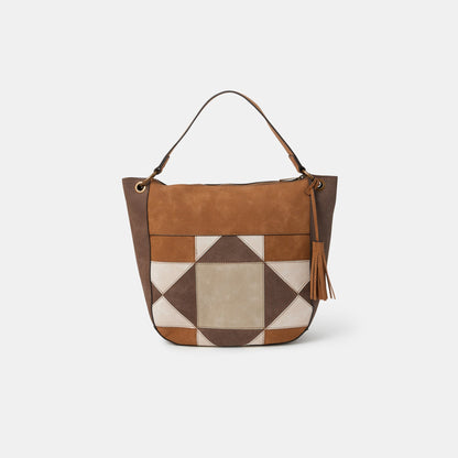 Brown Patchwork Suedette Shoulder Bag