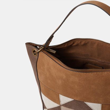 Brown Patchwork Suedette Shoulder Bag