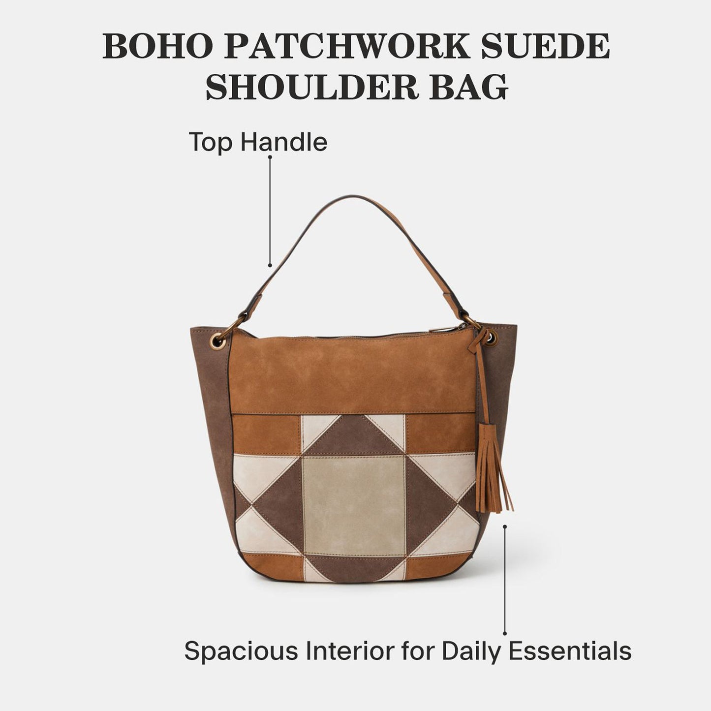 Brown Patchwork Suedette Shoulder Bag
