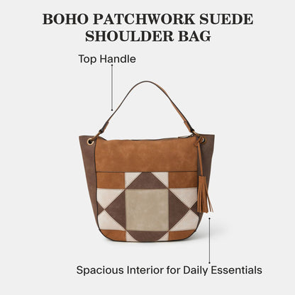Brown Patchwork Suedette Shoulder Bag