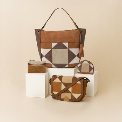 Brown Patchwork Suedette Shoulder Bag