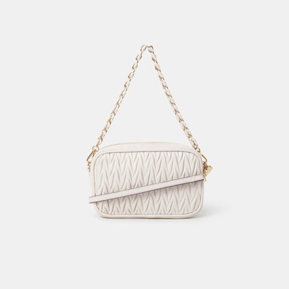 Cream Chain Strap Quilted Camera Sling Bag