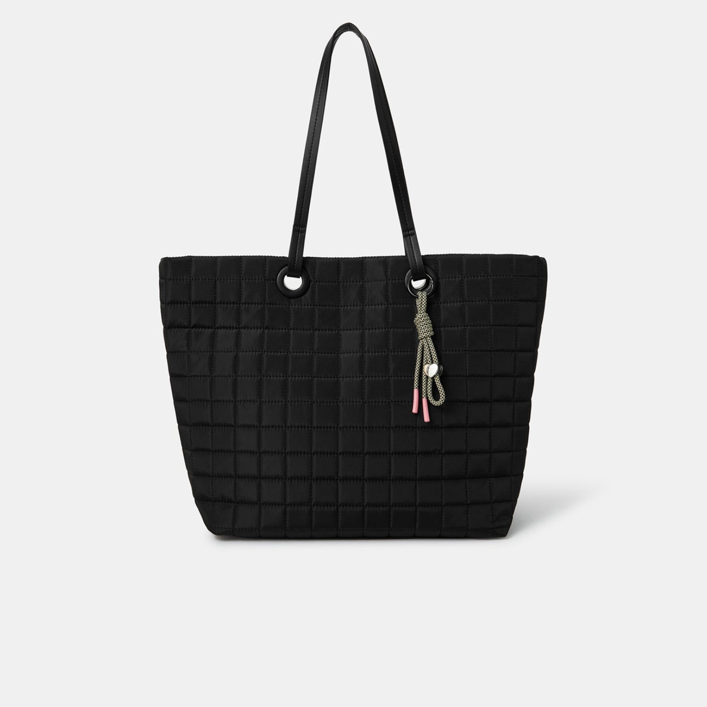 Black Nylon Quilt Tote Bag With Charm