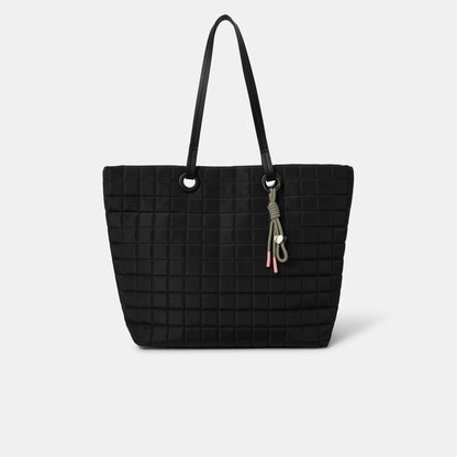 Black Nylon Quilt Tote Bag With Charm
