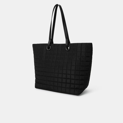 Black Nylon Quilt Tote Bag With Charm