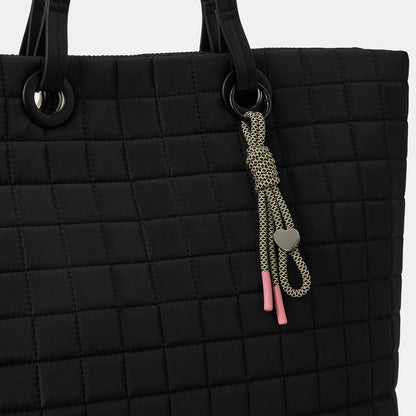 Black Nylon Quilt Tote Bag With Charm