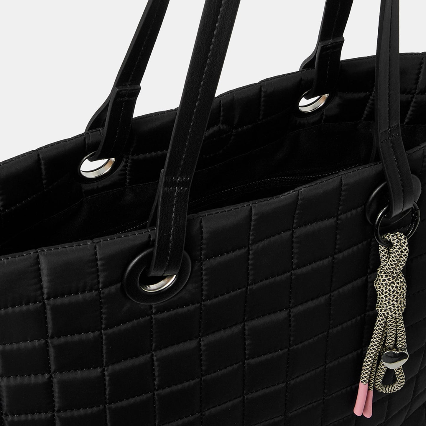 Black Nylon Quilt Tote Bag With Charm