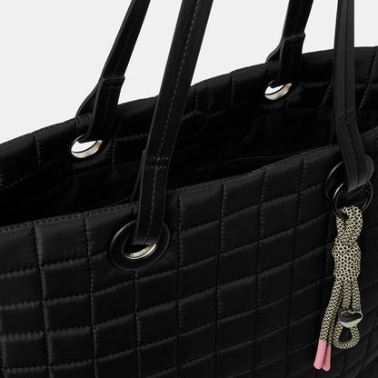 Black Nylon Quilt Tote Bag With Charm