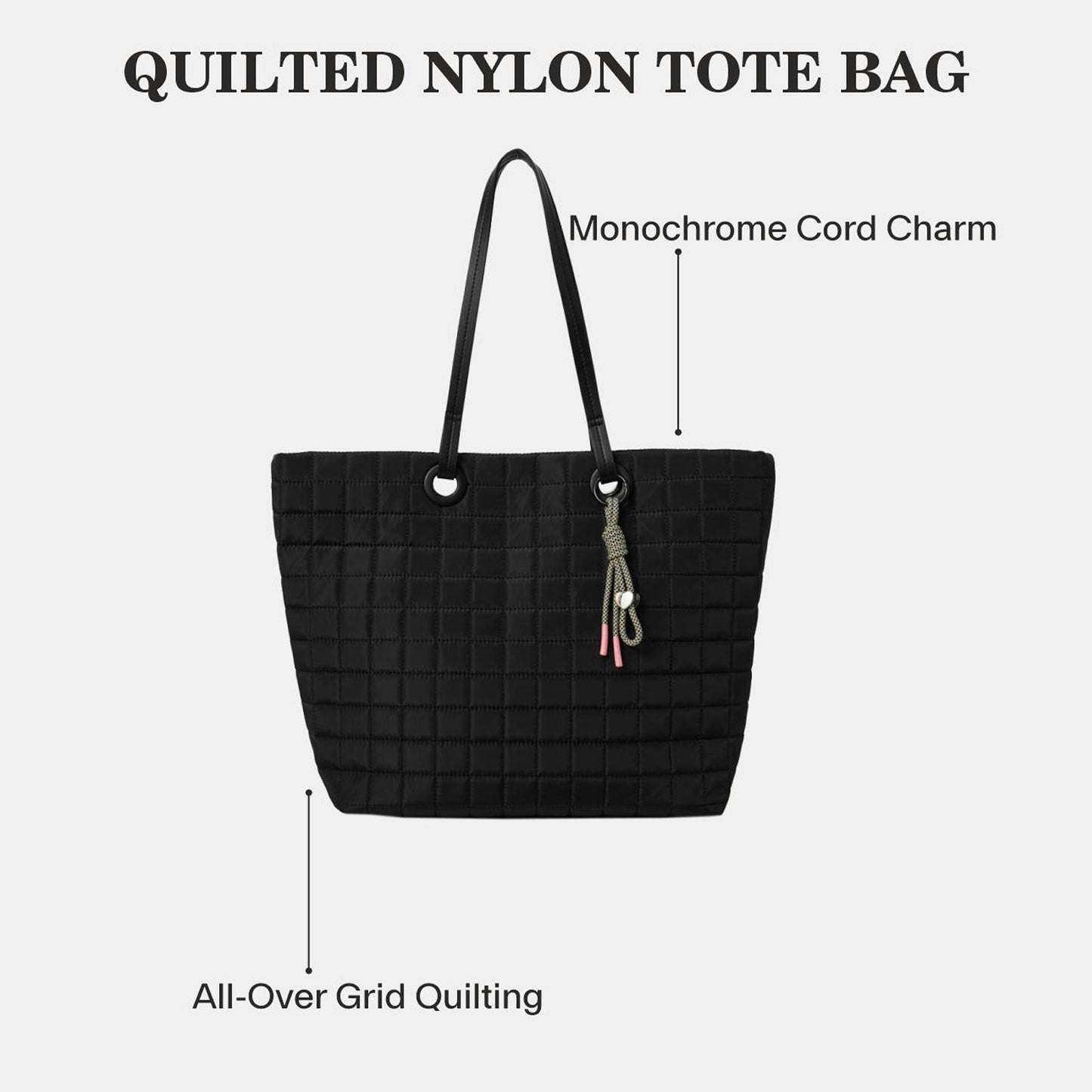 Black Nylon Quilt Tote Bag With Charm