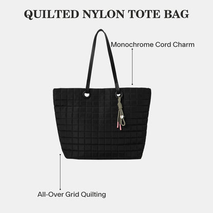 Black Nylon Quilt Tote Bag With Charm