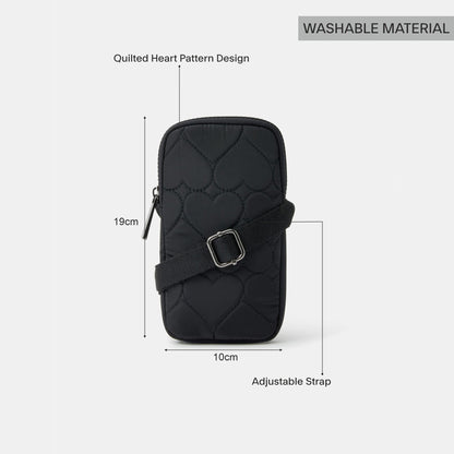 Black Heart Quilted Nylon Phone Bag
