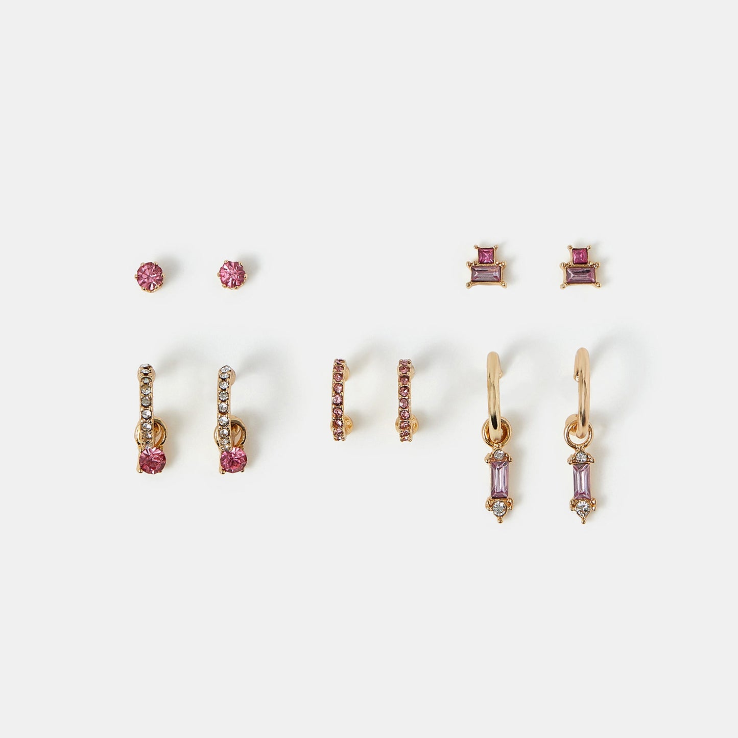 Pink Gem Diamante Stud & Hoop Earrings Pack of 5