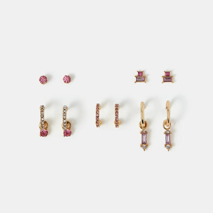 Pink Gem Diamante Stud & Hoop Earrings Pack of 5
