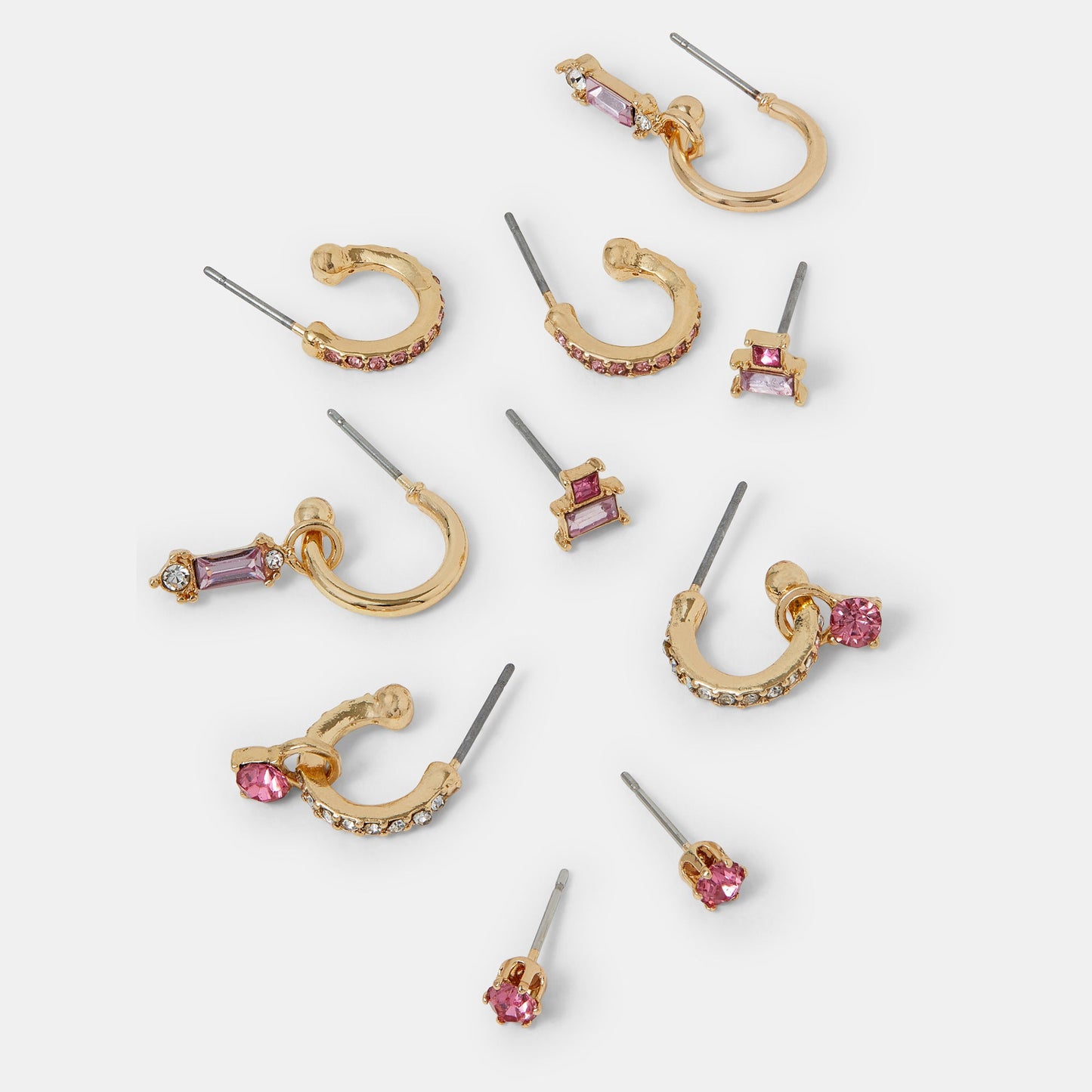 Pink Gem Diamante Stud & Hoop Earrings Pack of 5