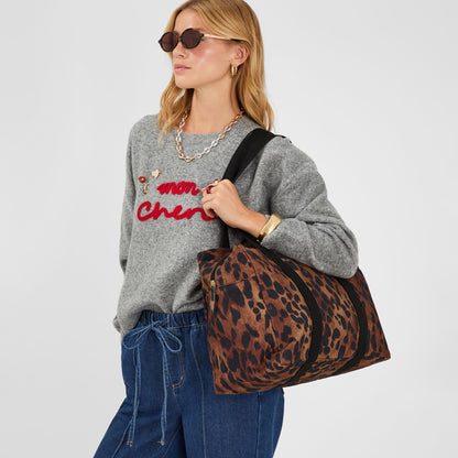 Brown Leopard Print Canvas Weekend Bag