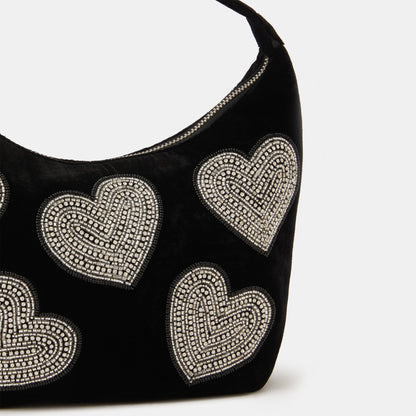 Black Heart Embellished Velvet Handbag