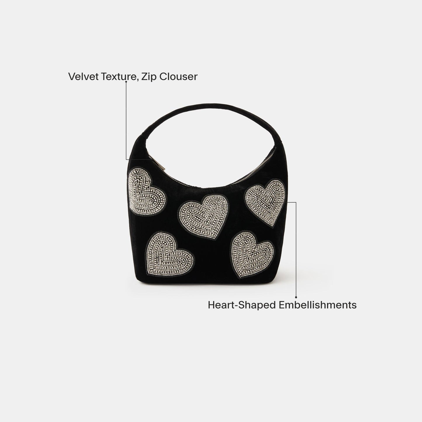 Black Heart Embellished Velvet Handbag