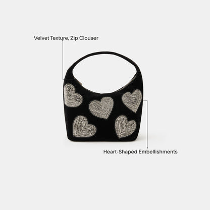 Black Heart Embellished Velvet Handbag