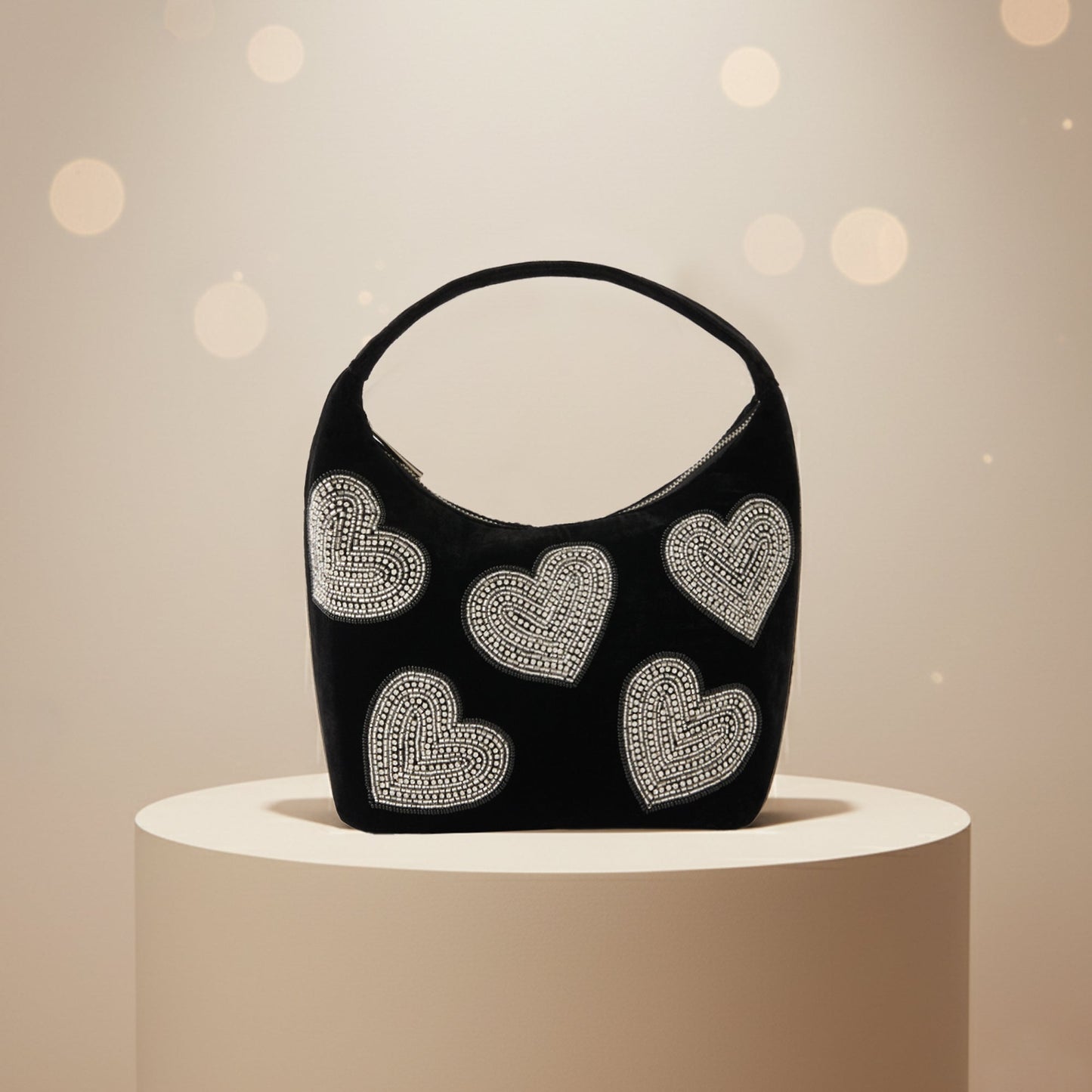 Black Heart Embellished Velvet Handbag