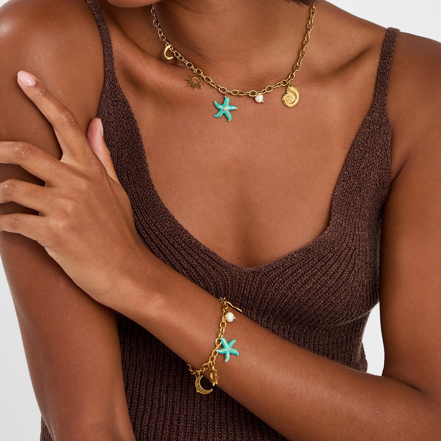 Waterproof Gold-Plated Stainless Steel Starfish Charm Bracelet