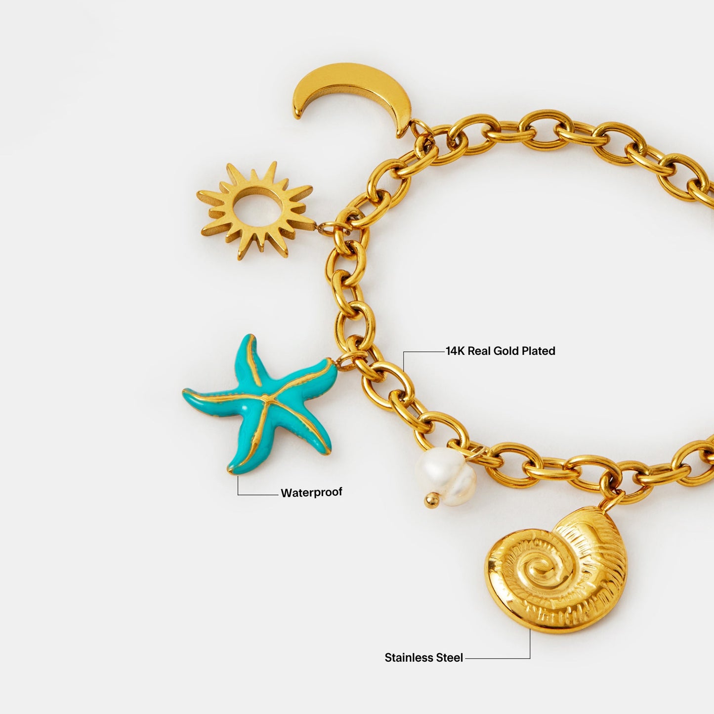 Waterproof Gold-Plated Stainless Steel Starfish Charm Bracelet