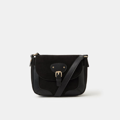 Black Faux Suede Saddle Sling Bag