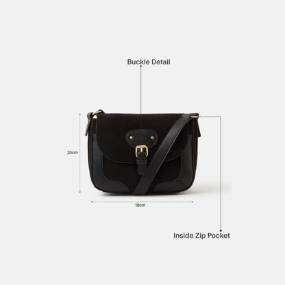 Black Faux Suede Saddle Sling Bag