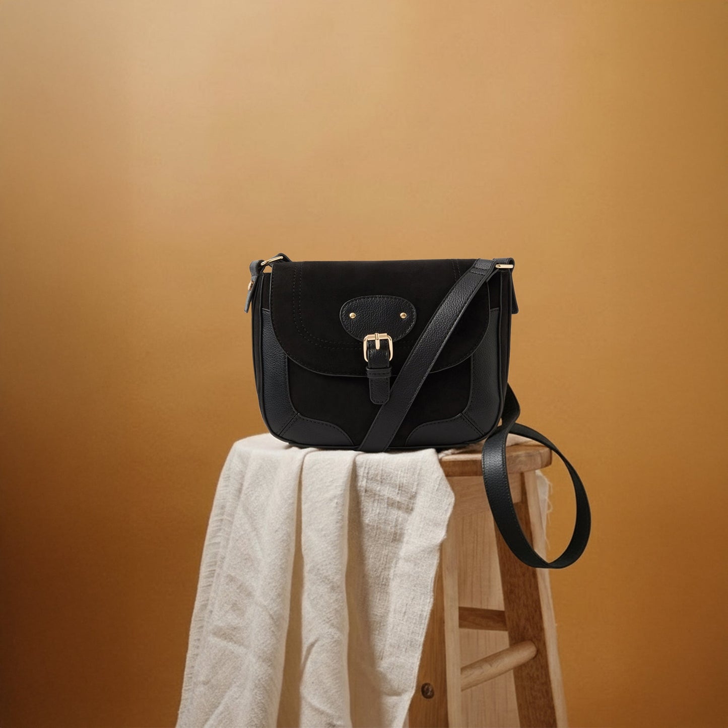 Black Faux Suede Saddle Sling Bag