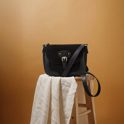 Black Faux Suede Saddle Sling Bag