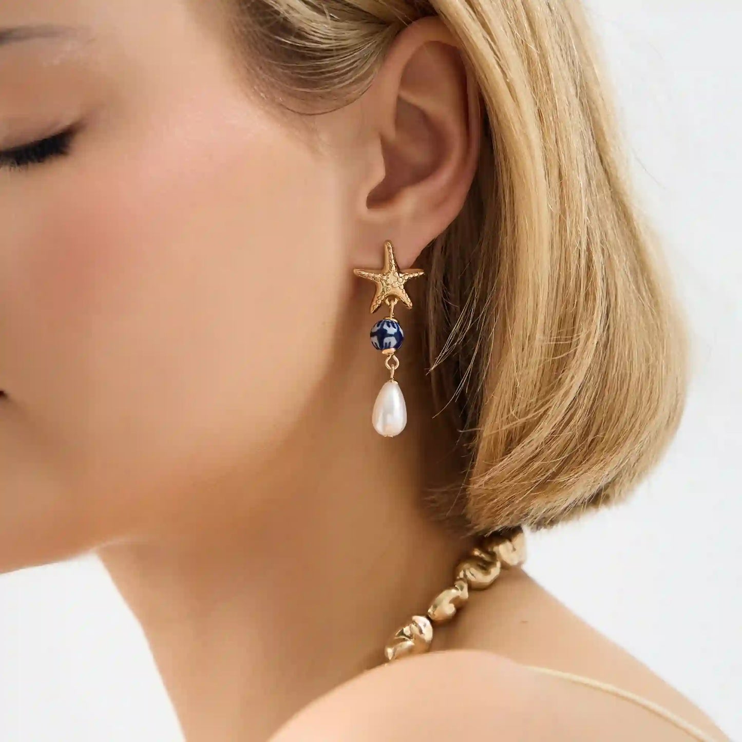 Gold Starfish Pearl Drop Earrings
