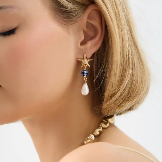Gold Starfish Pearl Drop Earrings
