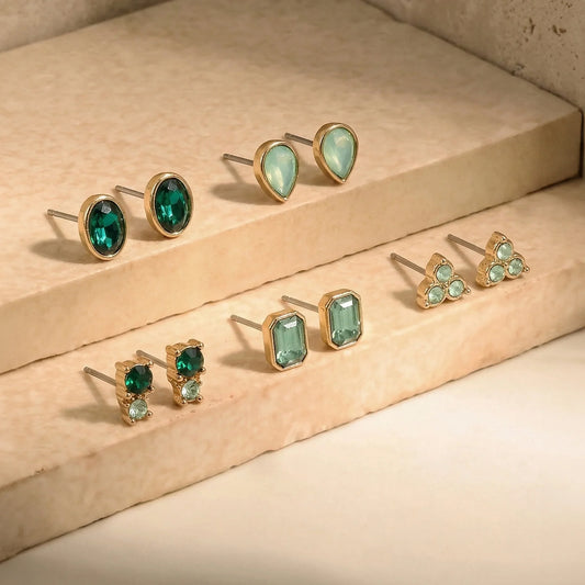 Green Gemstone Stud Earrings Pack of 5