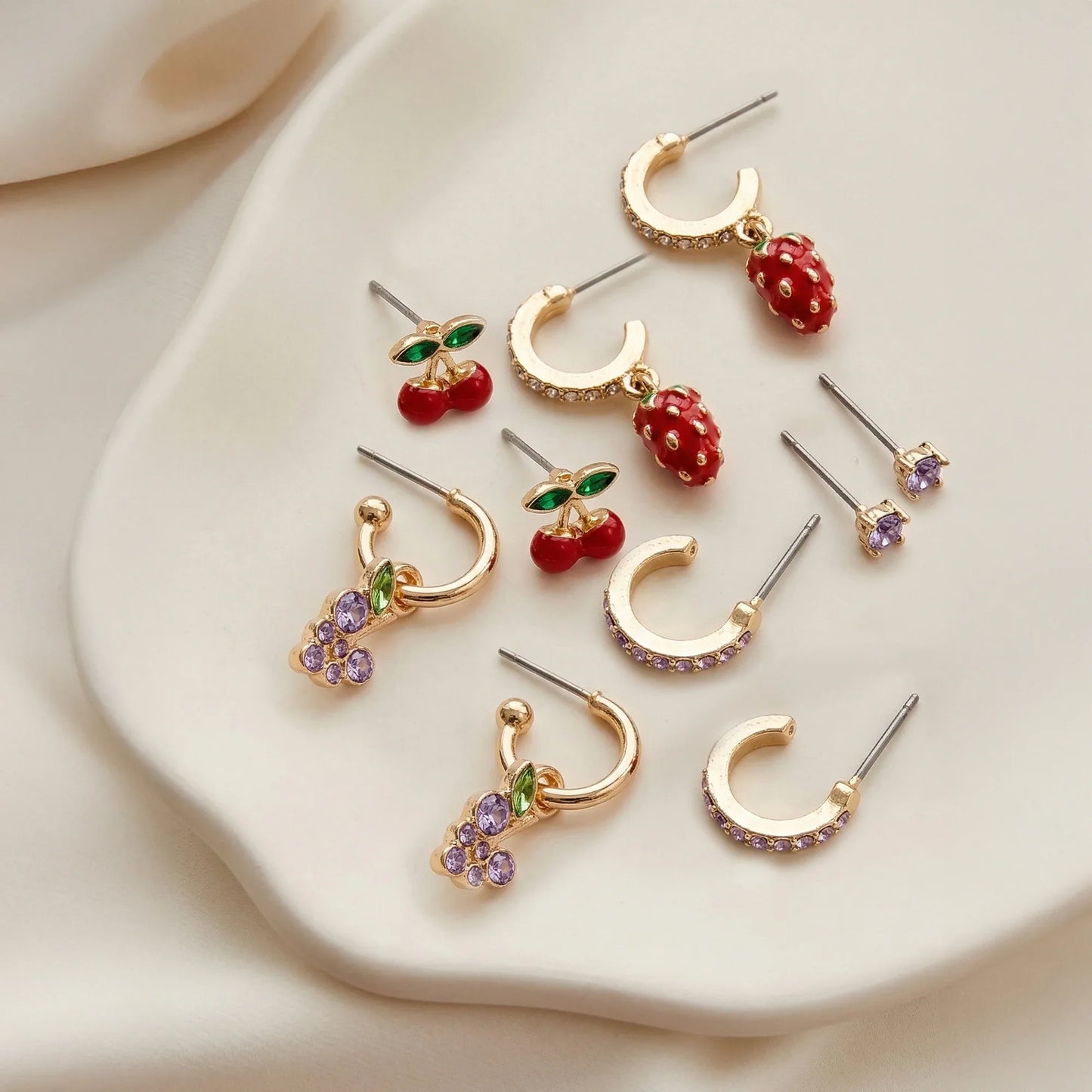 Gold Cherry Stud & Hoop Earrings Pack of 5