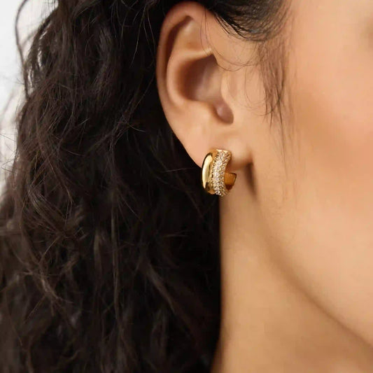 Waterproof Stainless Steel Pavé Double Hoop Earrings