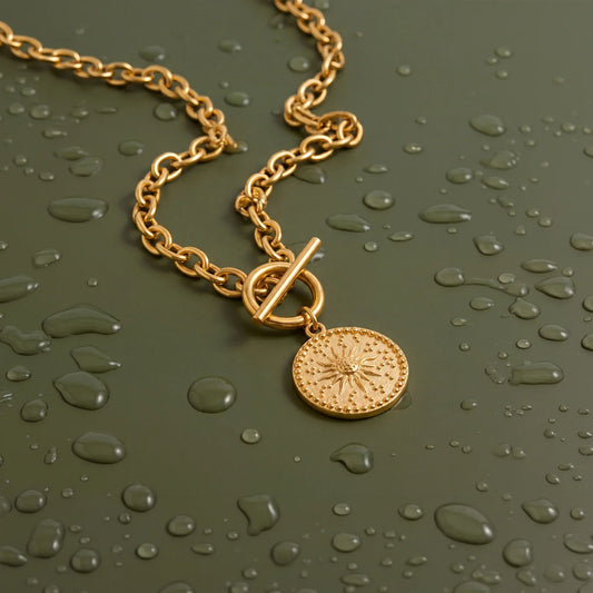 Waterproof Stainless Steel Sun Coin Pendant Necklace