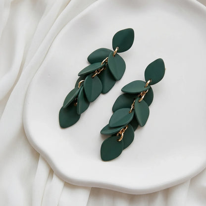 Green Enamel Willow Leaf Short Drop Earrings