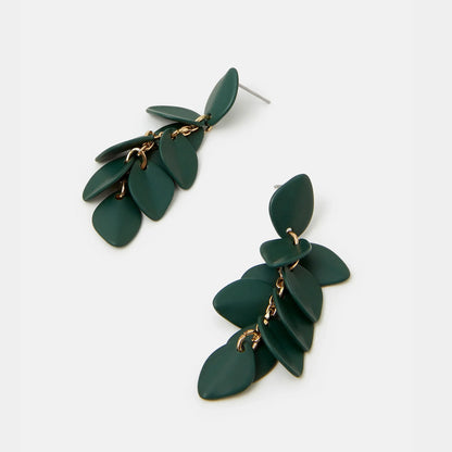 Green Enamel Willow Leaf Short Drop Earrings