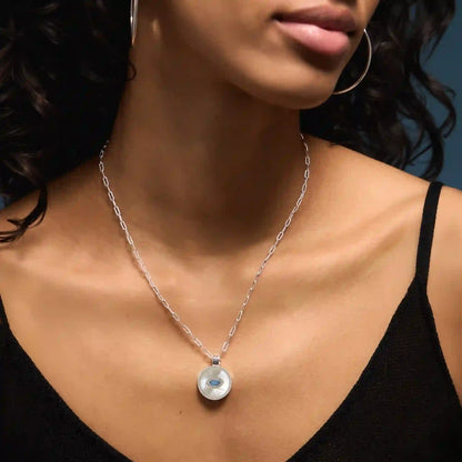 Sterling Silver-Plated Evil Eye Mother of Pearl Pendant Necklace