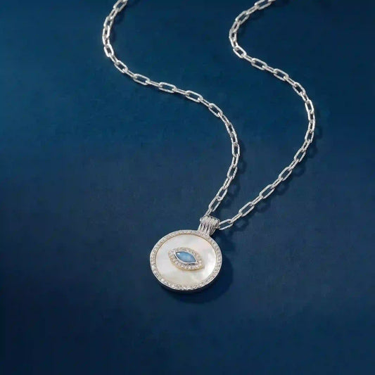 Sterling Silver-Plated Evil Eye Mother of Pearl Pendant Necklace