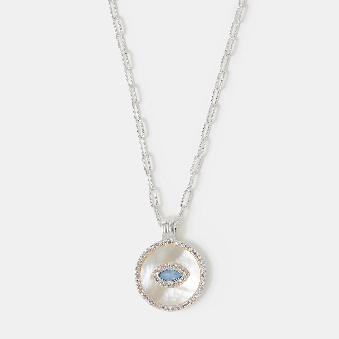 Sterling Silver-Plated Evil Eye Mother of Pearl Pendant Necklace