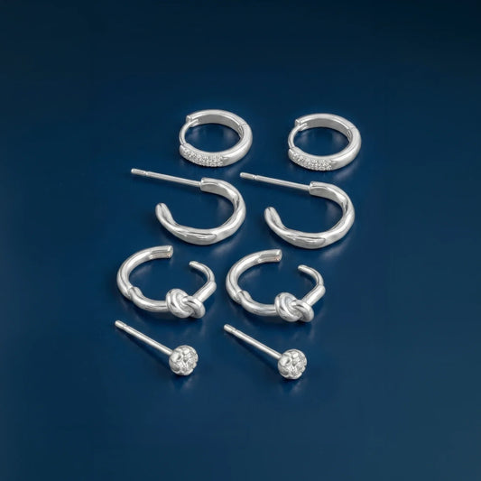 Sterling Silver-Plated Knot Stud & Hoop Earrings Pack of 4