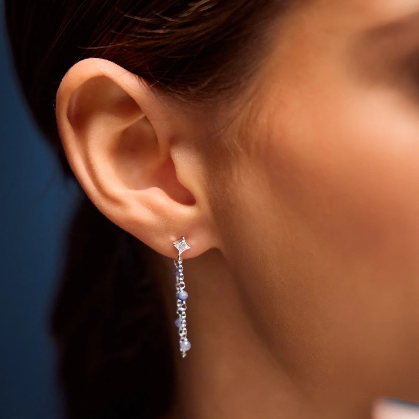 Sterling Silver-Plated Blue Quartz Chain Stud Earrings