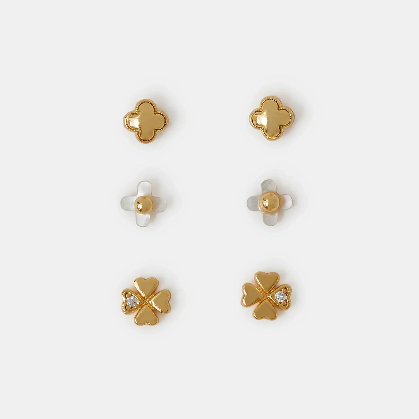 14k Gold-Plated Mother of Pearl Clover Stud Earrings Pack of 3
