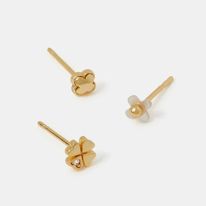 14k Gold-Plated Mother of Pearl Clover Stud Earrings Pack of 3