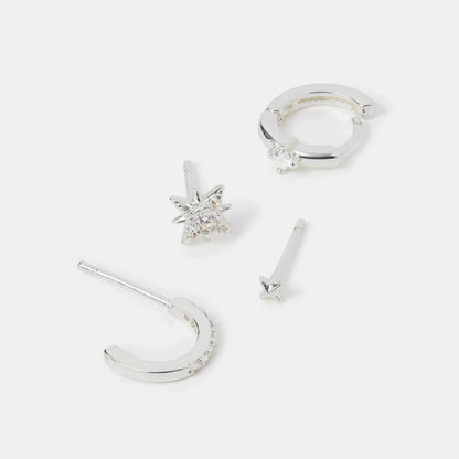 Sterling Silver-Plated Celestial Stud & Hoop Earrings
